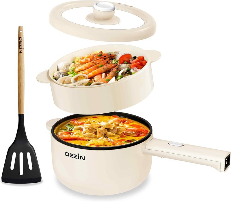 DEZIN Electric Cooker, 2L Non-Stick Sauté Pan, Rapid Noodles Cooker, Mini Pot for Steak, Egg, Fried Rice, Ramen, Oatmeal, Soup with Power Adjustment, College Dorm Room Essential(Egg Rack Included) - Image 1
